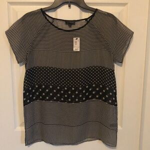 THE LIMITED NWT Sheer Black & White Striped Polka Dot Short Sleeve Blouse Small